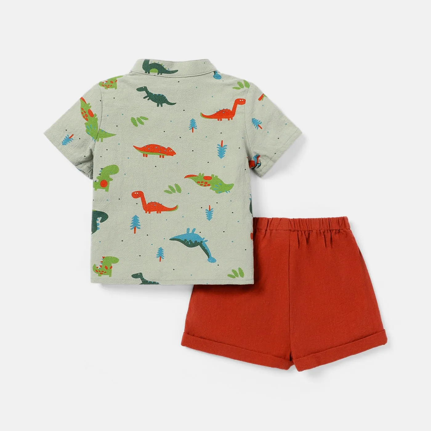 2pcs Baby Boy 100% Cotton Short-sleeve Allover Dinosaur Print Shirt and Solid Shorts Set