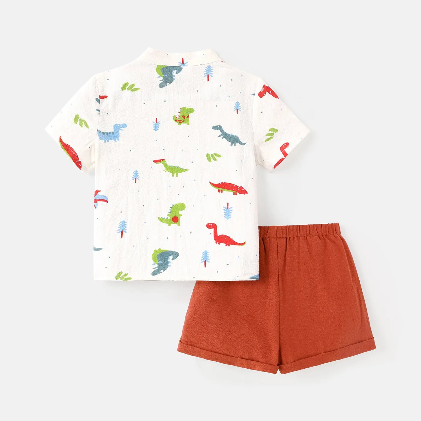 2pcs Baby Boy 100% Cotton Short-sleeve Allover Dinosaur Print Shirt and Solid Shorts Set