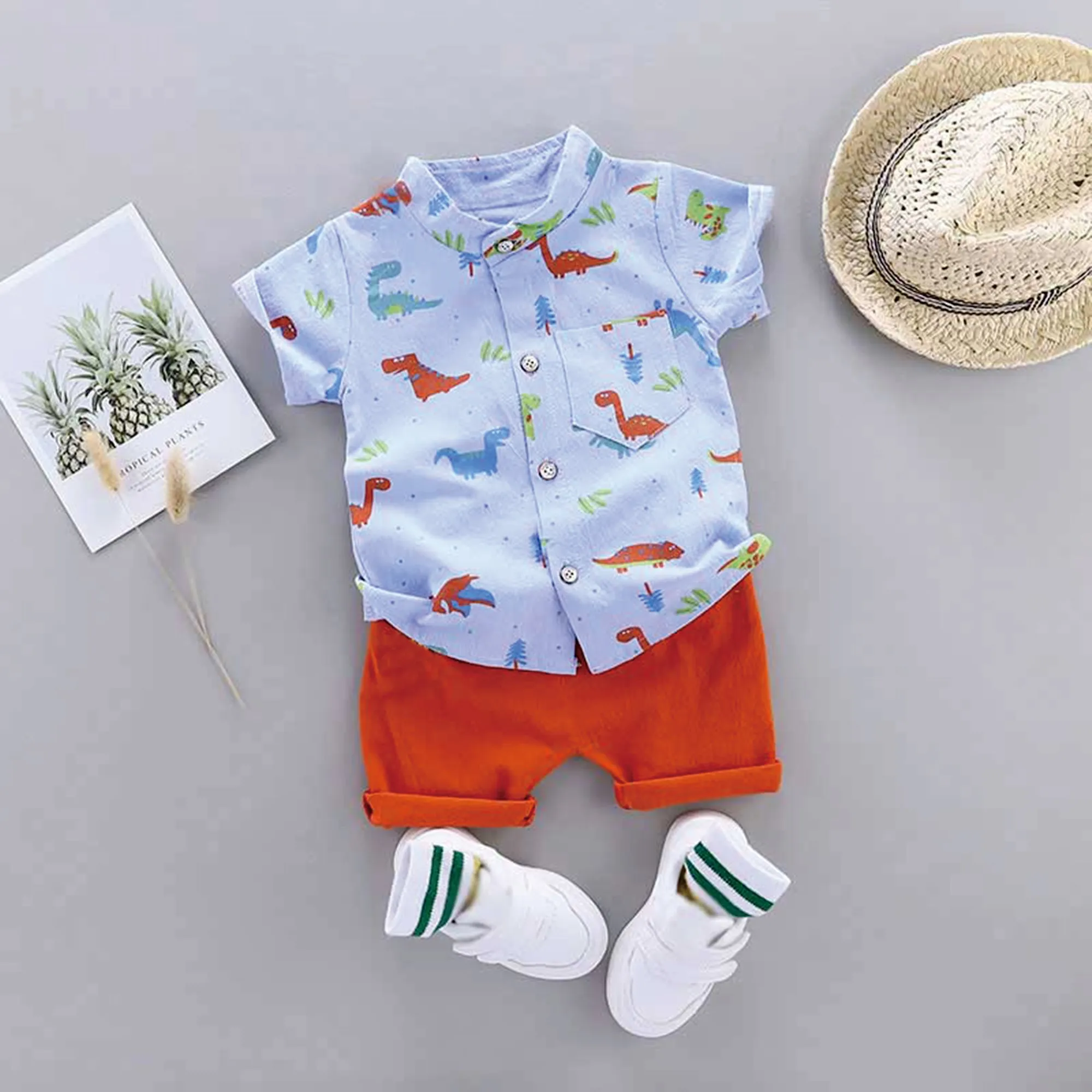 2pcs Baby Boy 100% Cotton Short-sleeve Allover Dinosaur Print Shirt and Solid Shorts Set