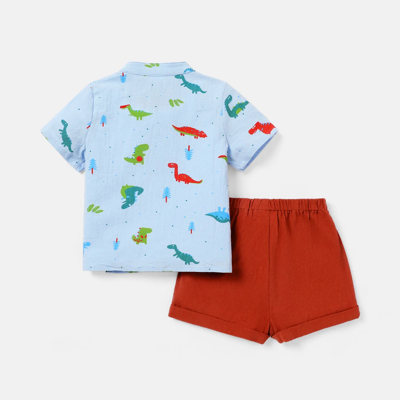 2pcs Baby Boy 100% Cotton Short-sleeve Allover Dinosaur Print Shirt and Solid Shorts Set