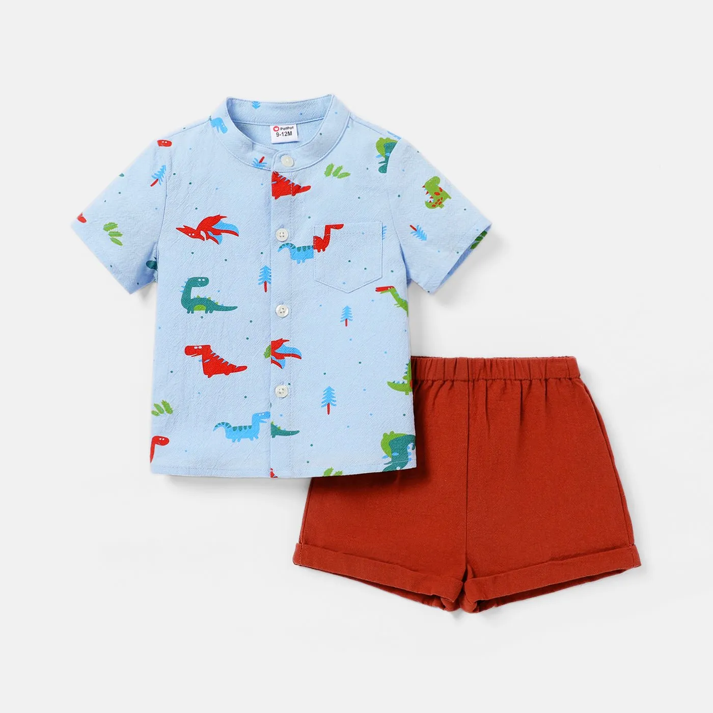 2pcs Baby Boy 100% Cotton Short-sleeve Allover Dinosaur Print Shirt and Solid Shorts Set