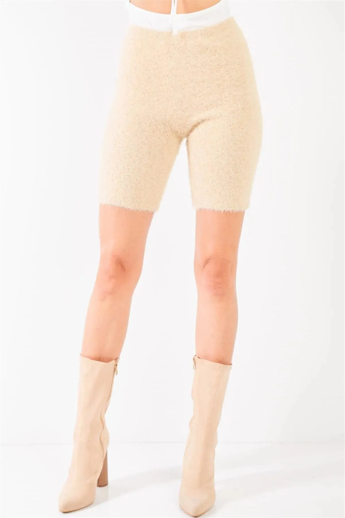 Beige Knit High Waist Stretchy Fuzzy Biker Shorts /3-2-1