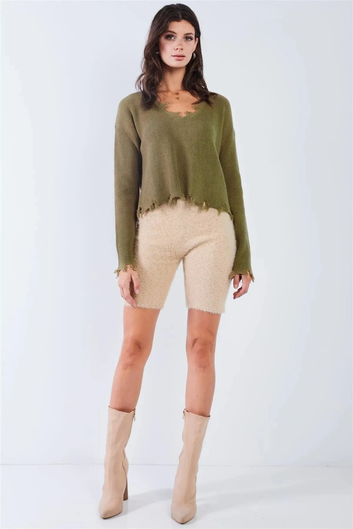 Beige Knit High Waist Stretchy Fuzzy Biker Shorts /3-2-1