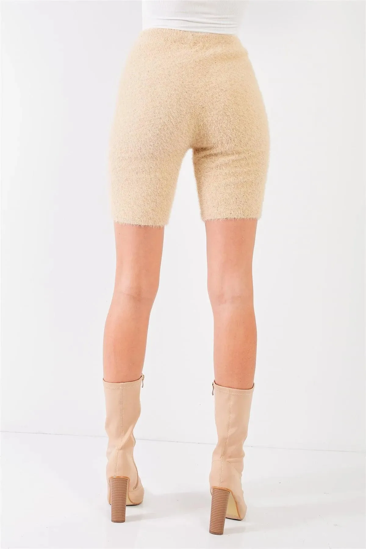 Beige Knit High Waist Stretchy Fuzzy Biker Shorts /3-2-1