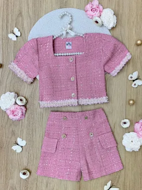 Blush Pink Tweed Rosette Button Top & Short Set