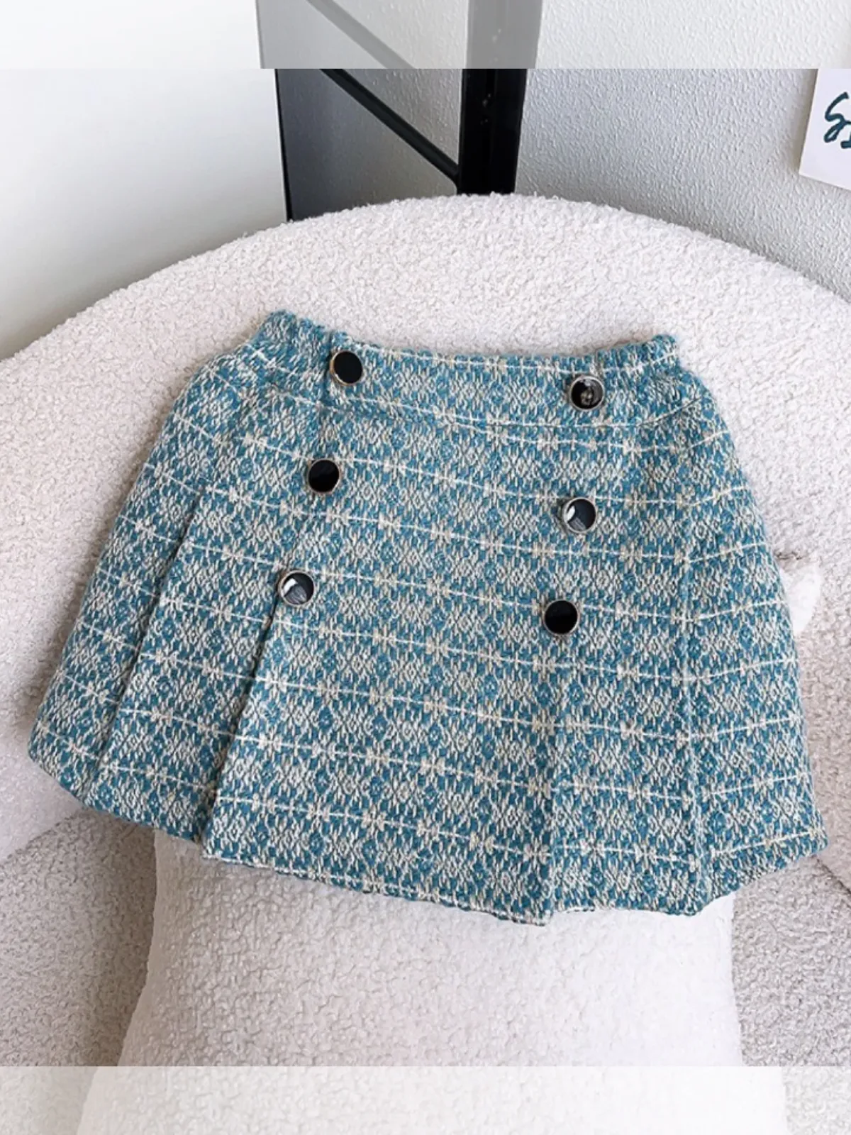 Chic Blue Tweed Girls' Jacket and Skirt Set with Black Collar