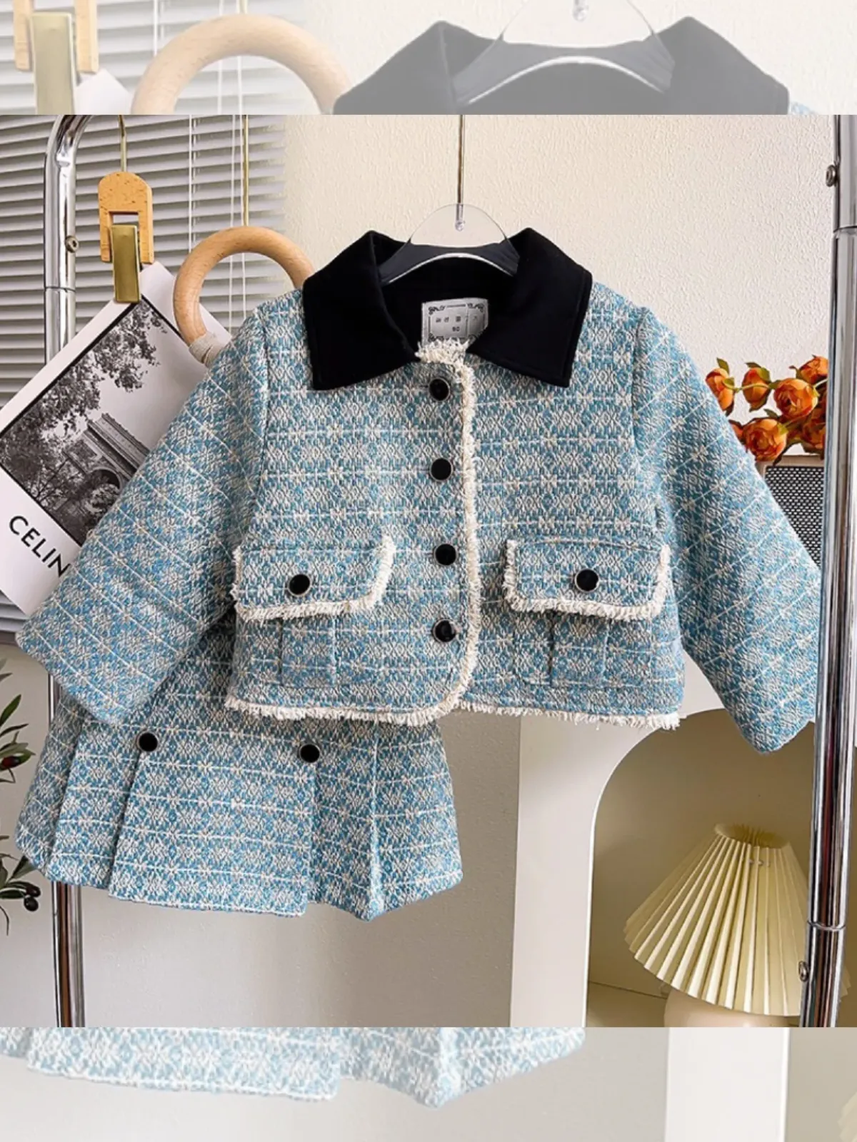 Chic Blue Tweed Girls' Jacket and Skirt Set with Black Collar