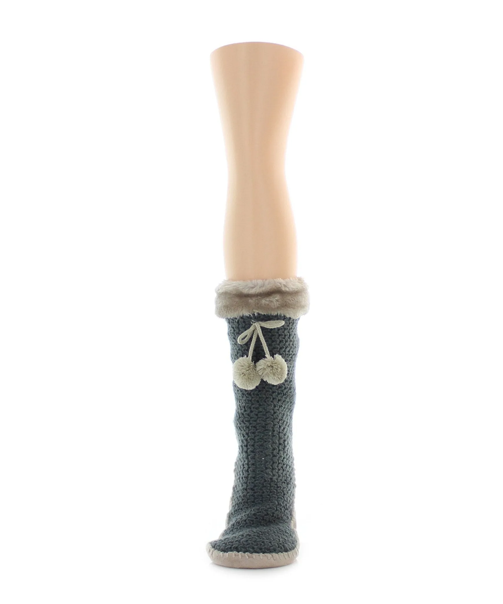 Comfy Knit Moccasin Pom-Pom Sherpa Lined Moccasin-Style Socks