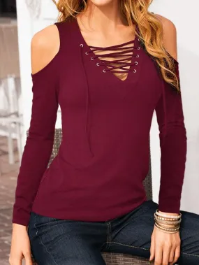 Custom Cold Shoulder Deep V Neck Plain Lace-Up Cut Out Long Sleeve T-Shirts