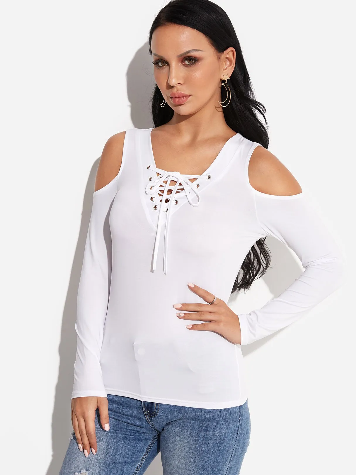 Custom Cold Shoulder Deep V Neck Plain Lace-Up Cut Out Long Sleeve T-Shirts