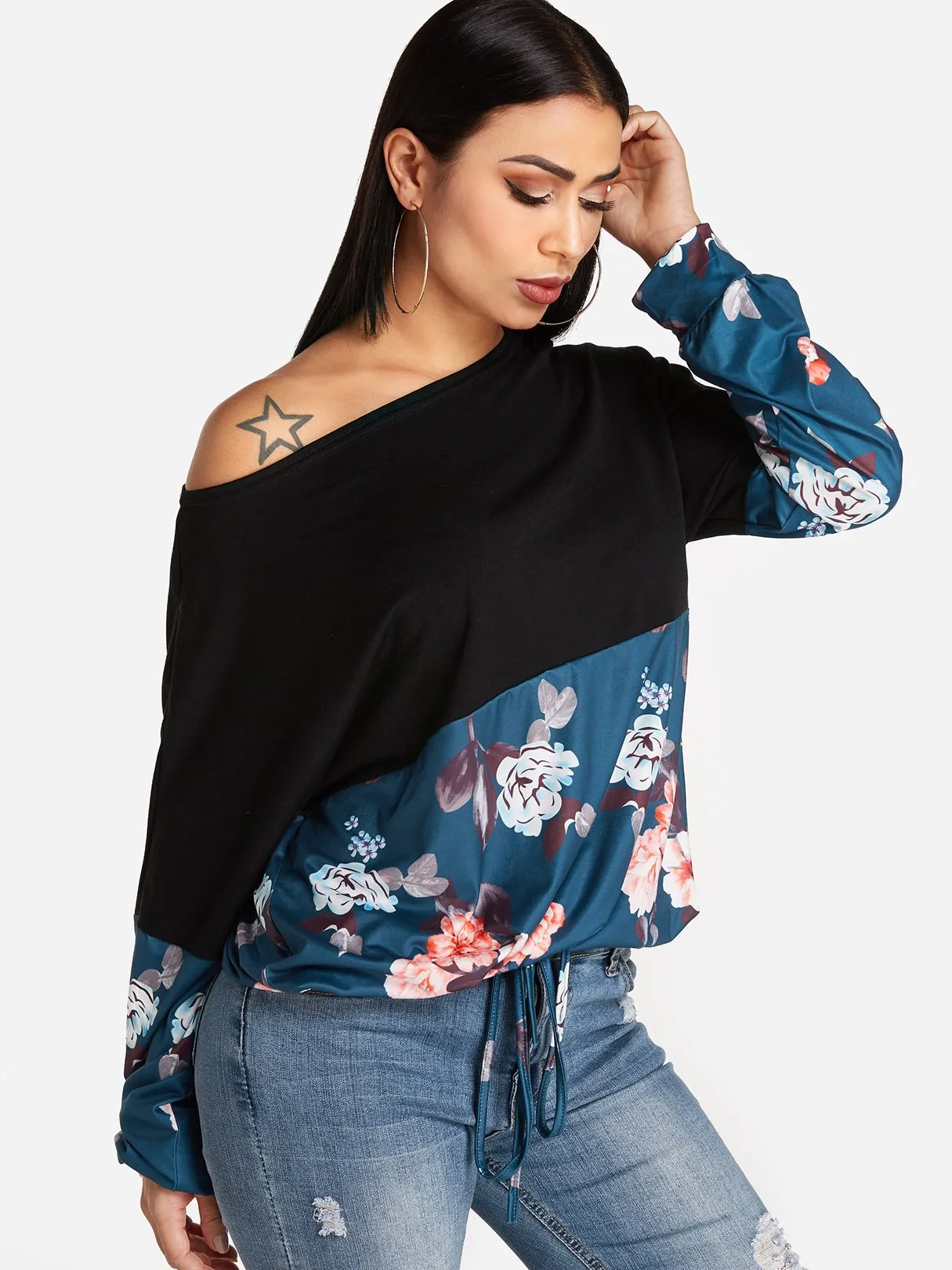 Custom One Shoulder Floral Print Long Sleeve T-Shirts