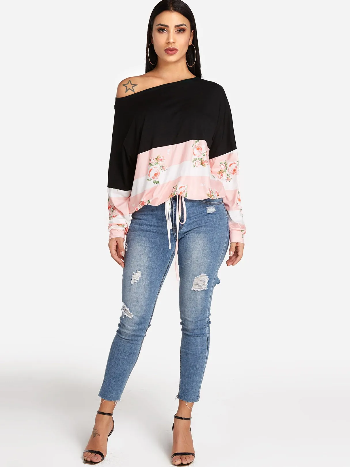 Custom One Shoulder Floral Print Long Sleeve T-Shirts