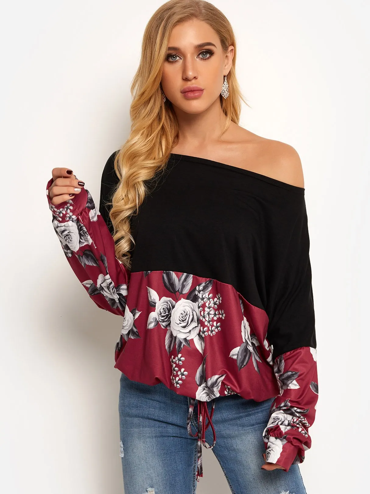 Custom One Shoulder Floral Print Long Sleeve T-Shirts