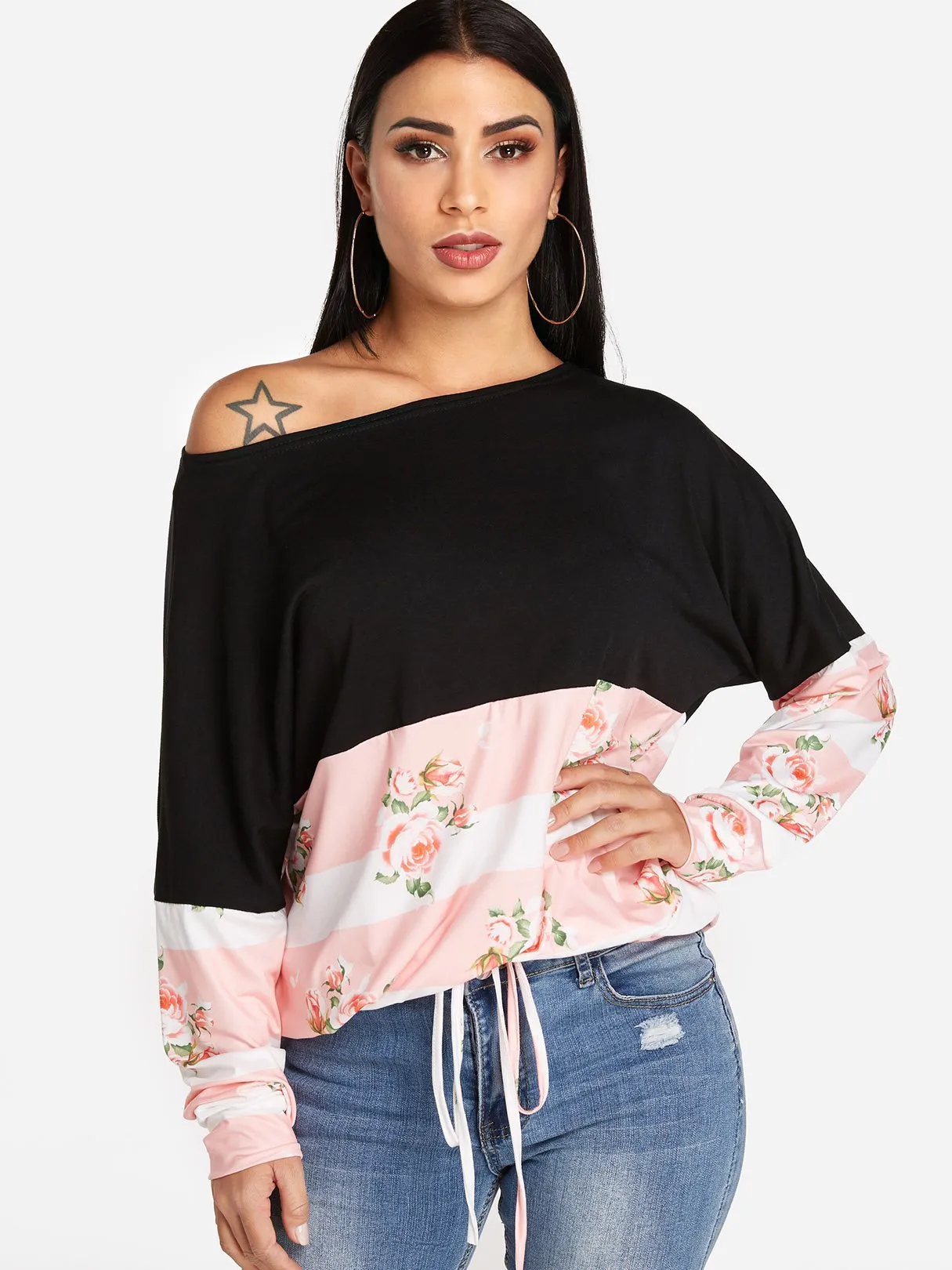 Custom One Shoulder Floral Print Long Sleeve T-Shirts