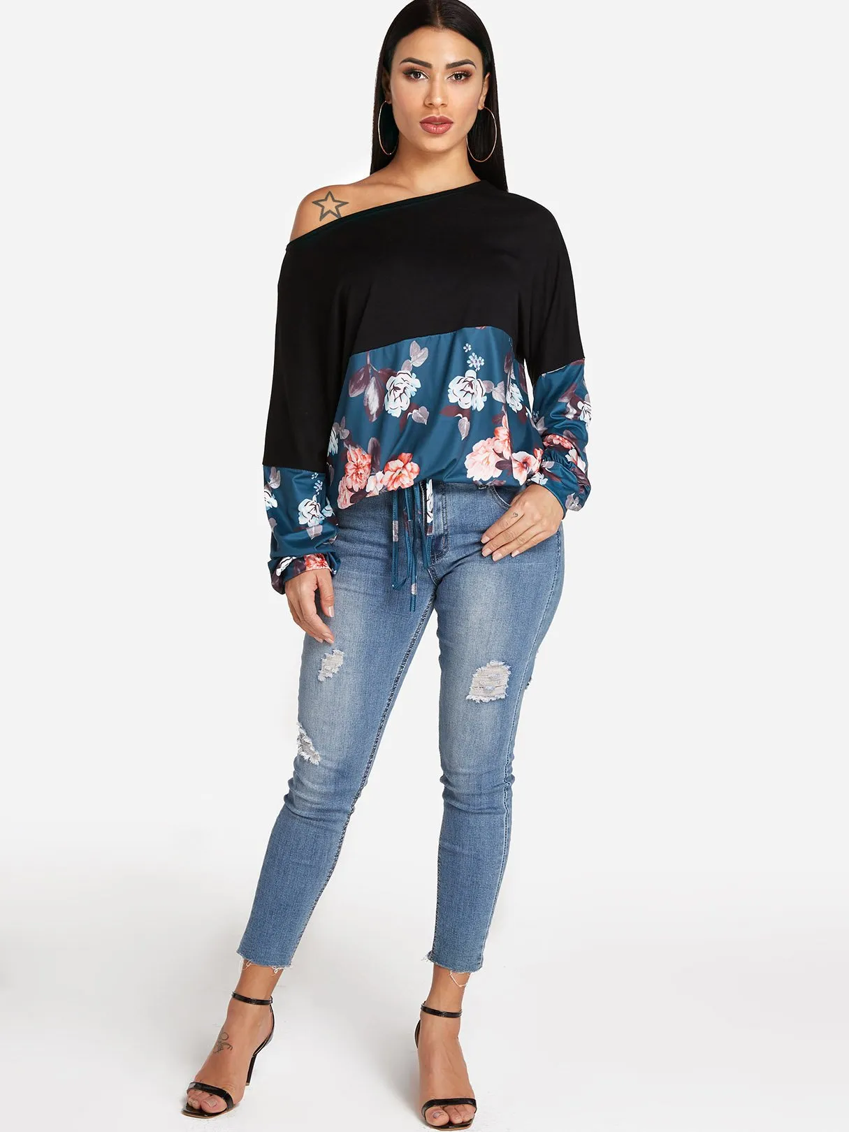 Custom One Shoulder Floral Print Long Sleeve T-Shirts