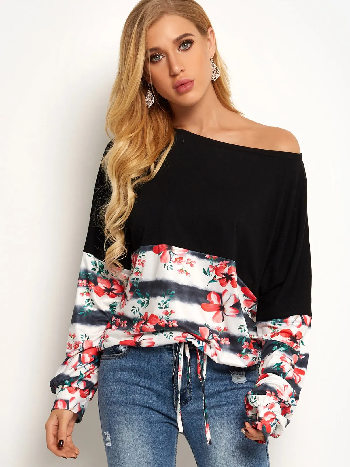 Custom One Shoulder Floral Print Long Sleeve T-Shirts