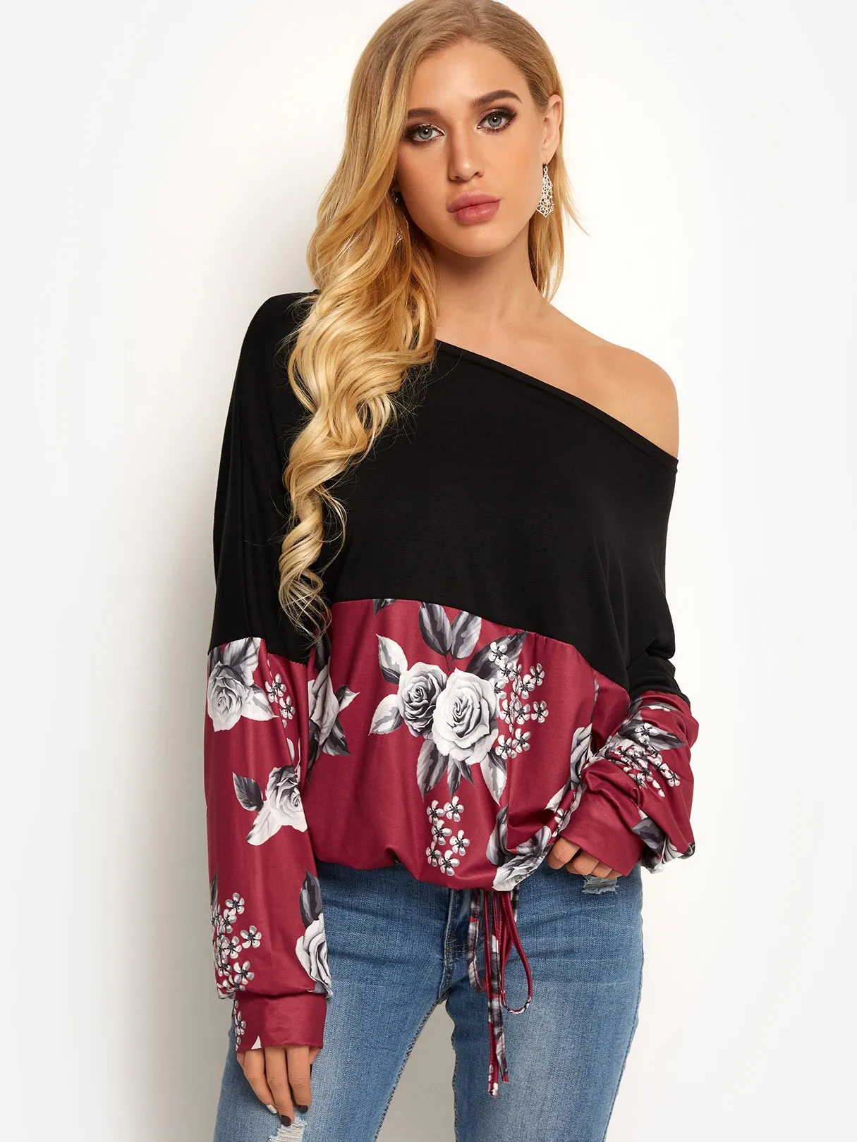 Custom One Shoulder Floral Print Long Sleeve T-Shirts