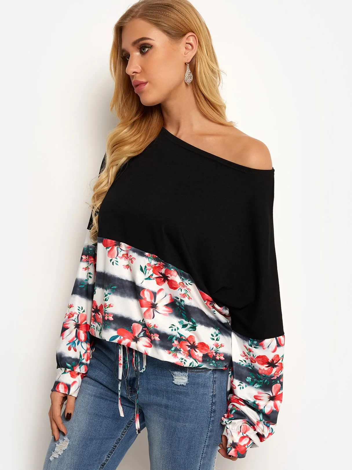 Custom One Shoulder Floral Print Long Sleeve T-Shirts