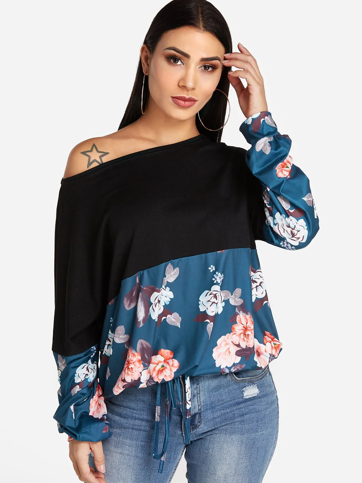 Custom One Shoulder Floral Print Long Sleeve T-Shirts