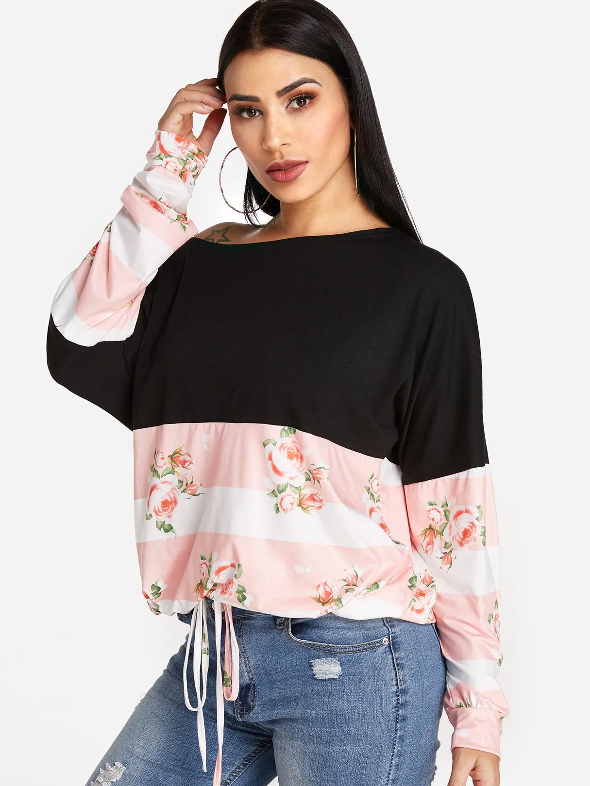 Custom One Shoulder Floral Print Long Sleeve T-Shirts