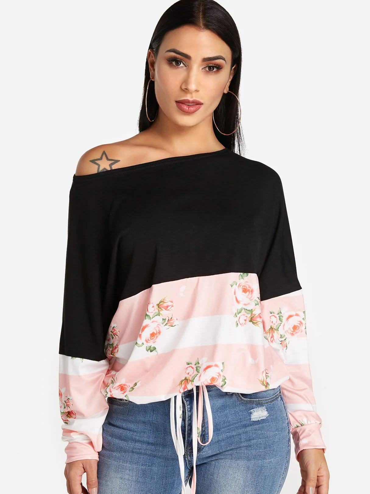 Custom One Shoulder Floral Print Long Sleeve T-Shirts