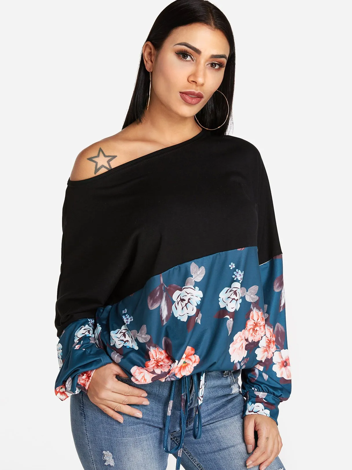 Custom One Shoulder Floral Print Long Sleeve T-Shirts