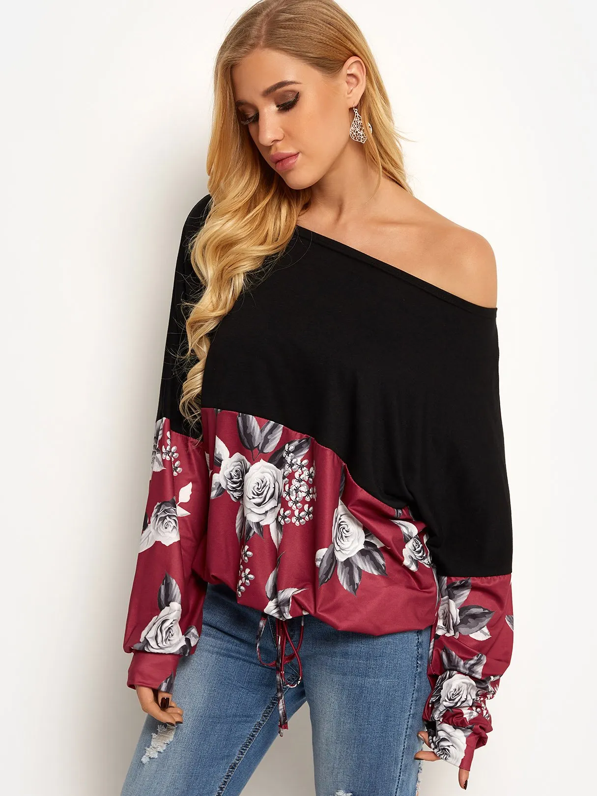 Custom One Shoulder Floral Print Long Sleeve T-Shirts