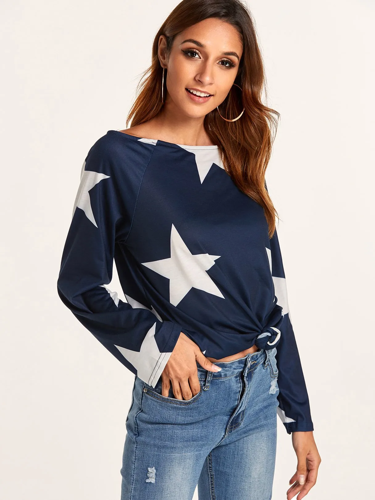 Custom One Shoulder Star Long Sleeve T-Shirts