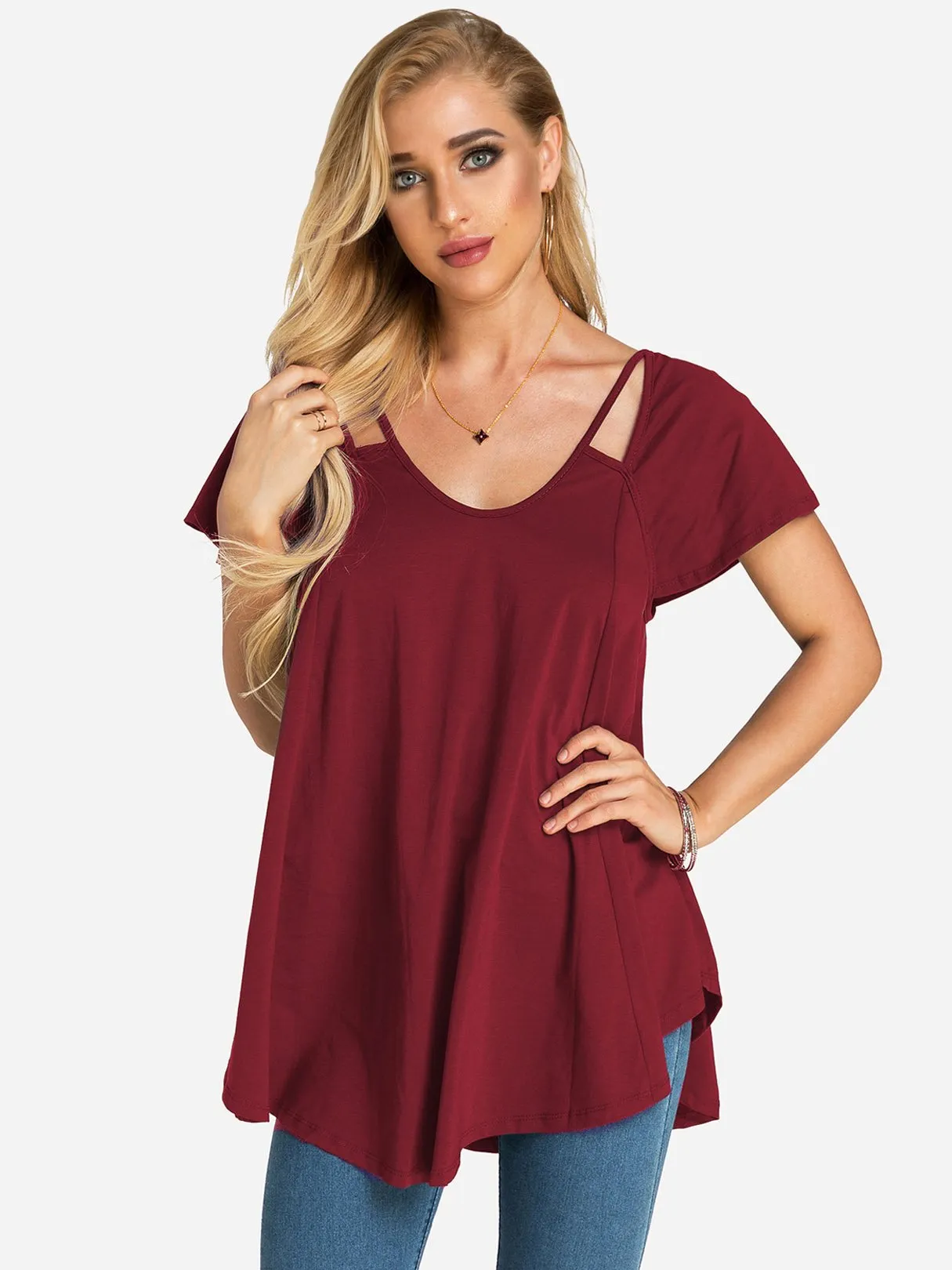 Custom Round Neck Plain Cut Out Short Sleeve Top