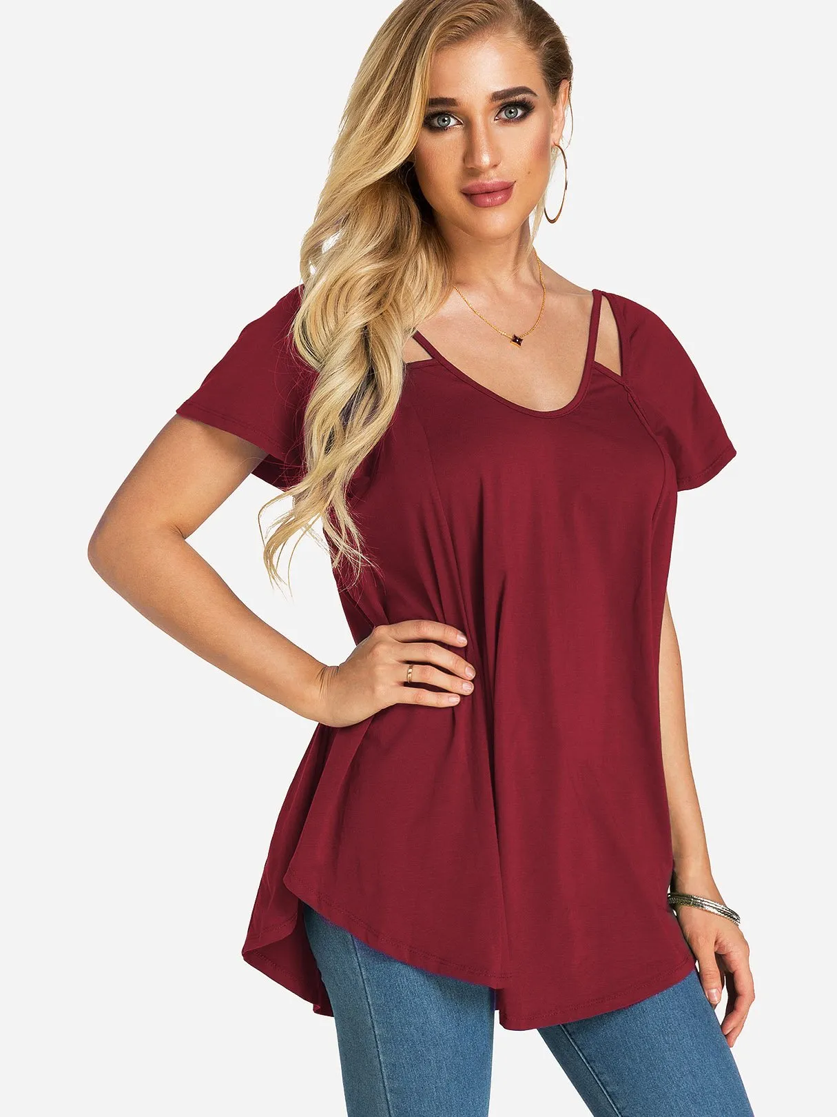 Custom Round Neck Plain Cut Out Short Sleeve Top