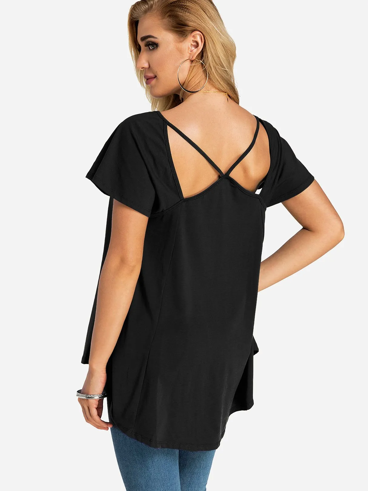 Custom Round Neck Plain Cut Out Short Sleeve Top