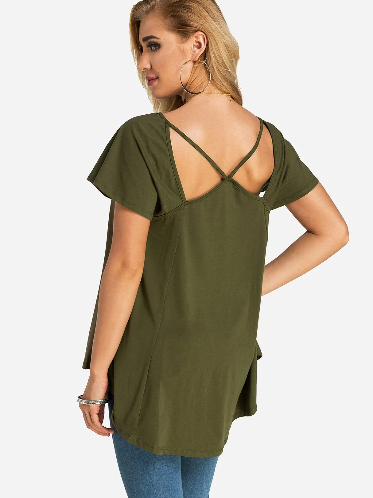 Custom Round Neck Plain Cut Out Short Sleeve Top