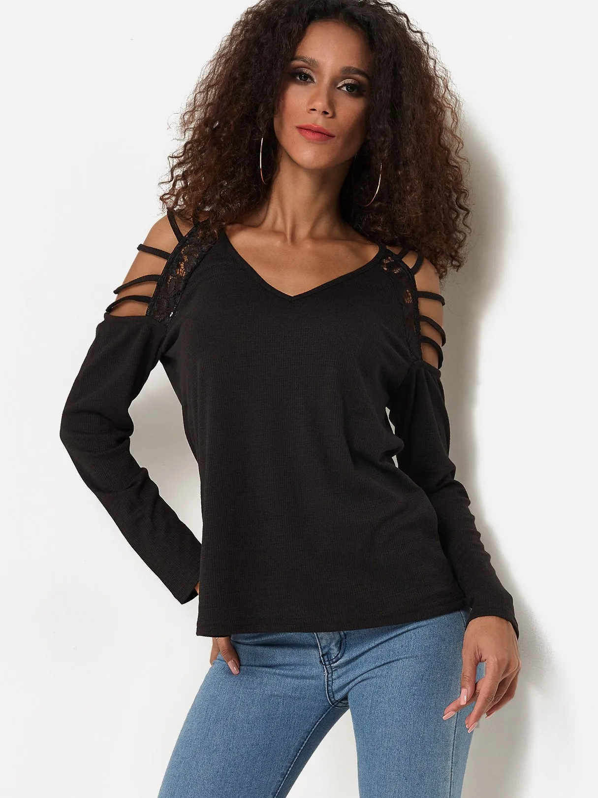 Custom V-Neck Cold Shoulder Plain Lace Cut Out Long Sleeve Black Top