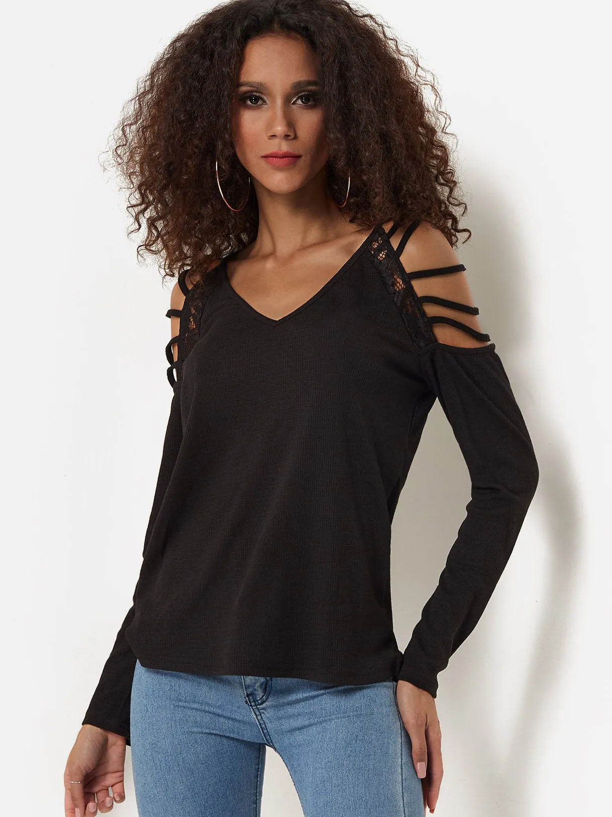 Custom V-Neck Cold Shoulder Plain Lace Cut Out Long Sleeve Black Top