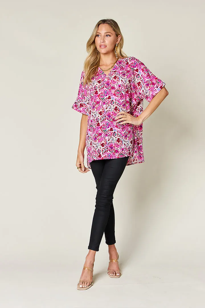 Double Take Full Size Printed V-Neck Short Sleeve Blouse