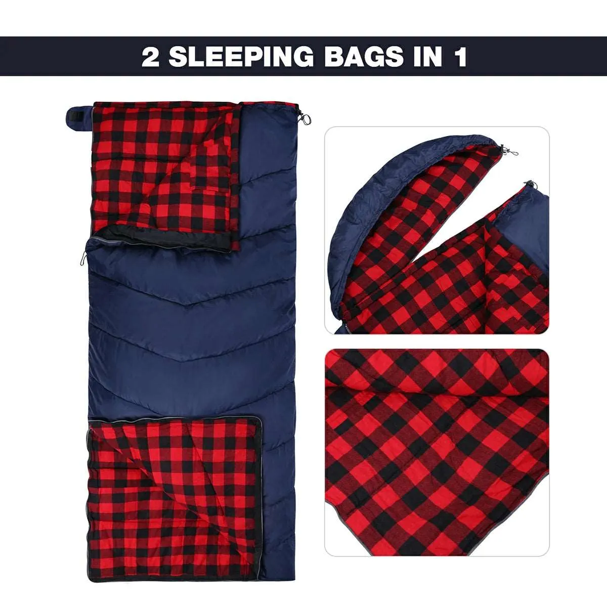 Hooded Camping Sleeping Bag for Adult with Cotton Flannel,Red,Blue,Navy Blue