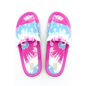 Hues Of Blues & Splashes Of Pink Tie Dye Slides