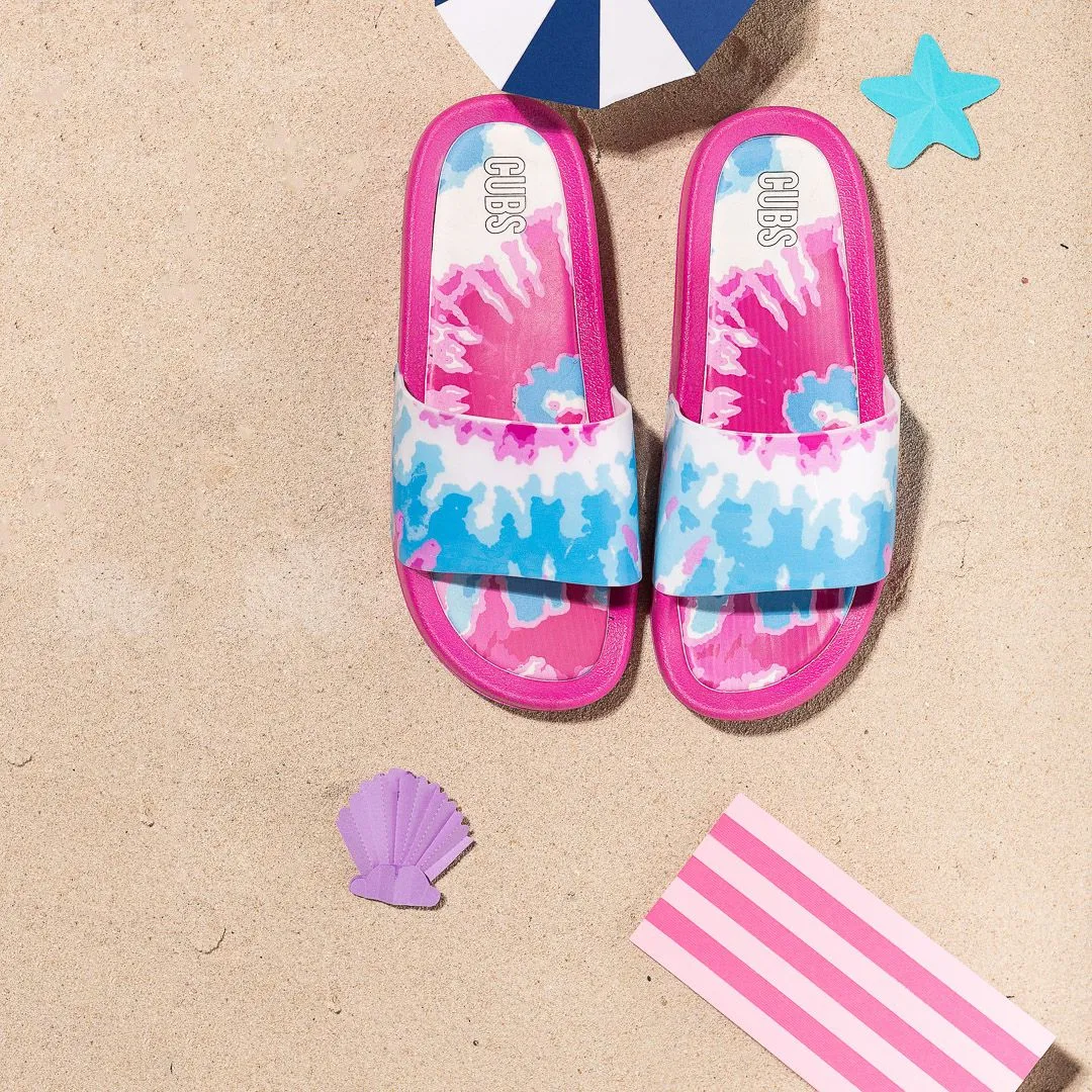 Hues Of Blues & Splashes Of Pink Tie Dye Slides