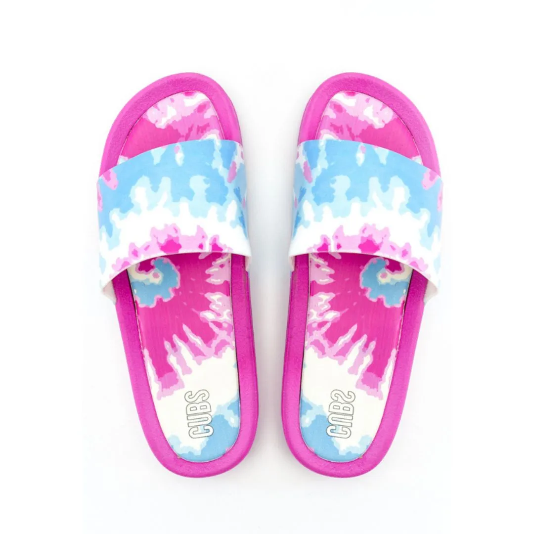 Hues Of Blues & Splashes Of Pink Tie Dye Slides