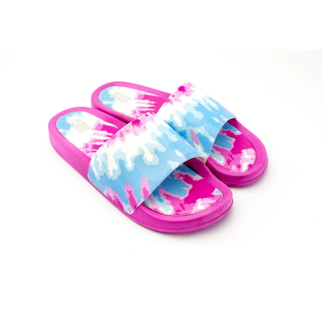 Hues Of Blues & Splashes Of Pink Tie Dye Slides