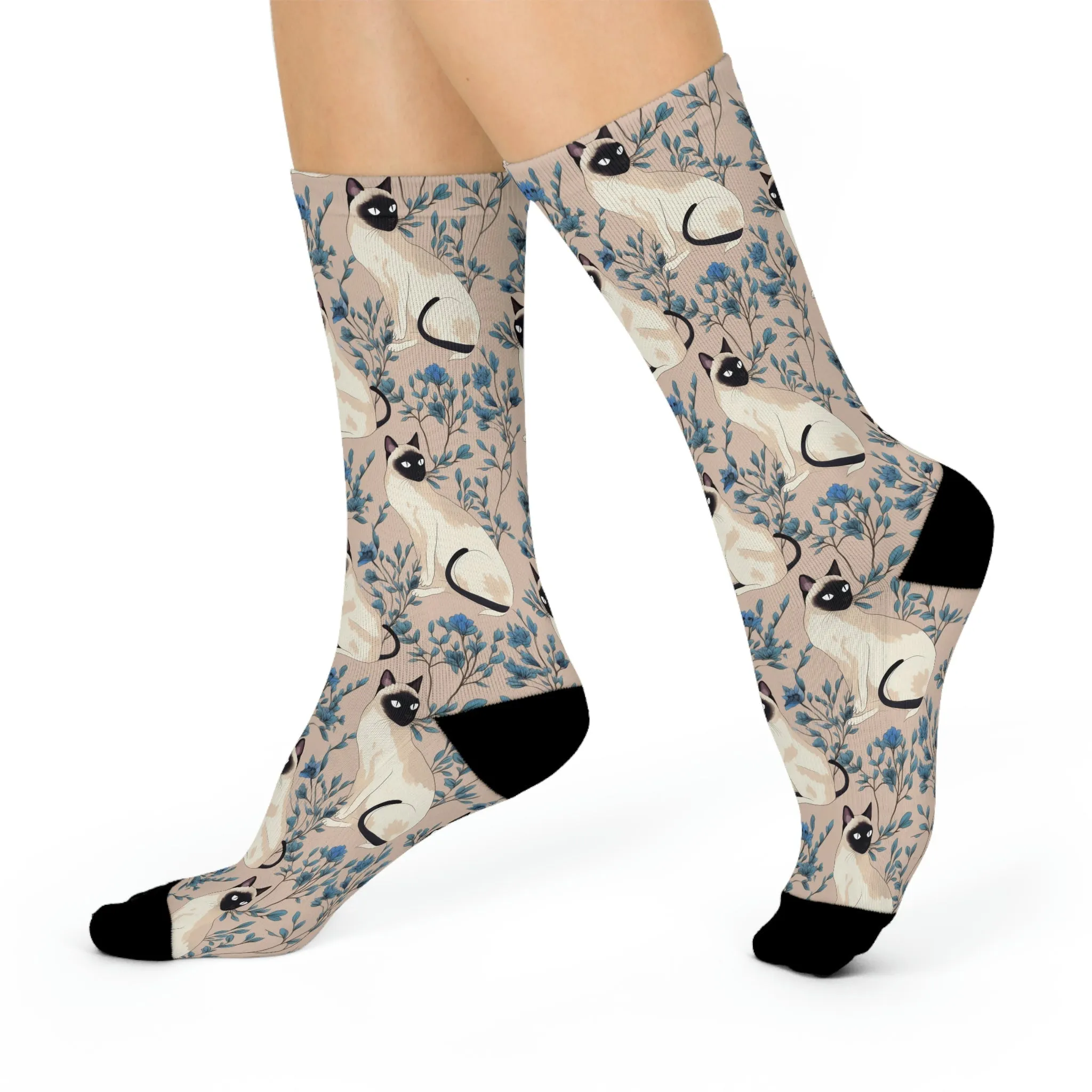 Japandi Style Siamese Cat Design Cushioned Crew Socks