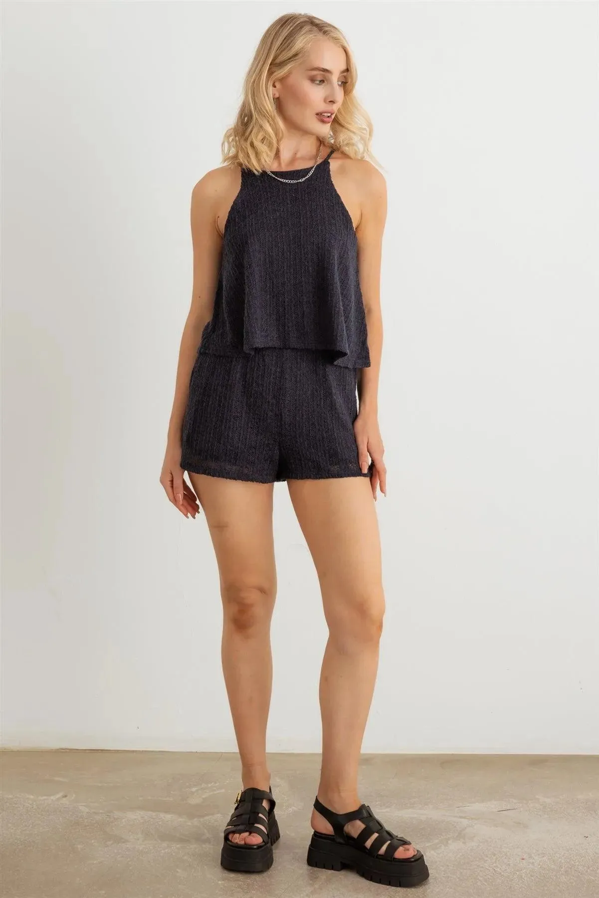 Knit Halter Neck Sleeveless Two Pocket Romper