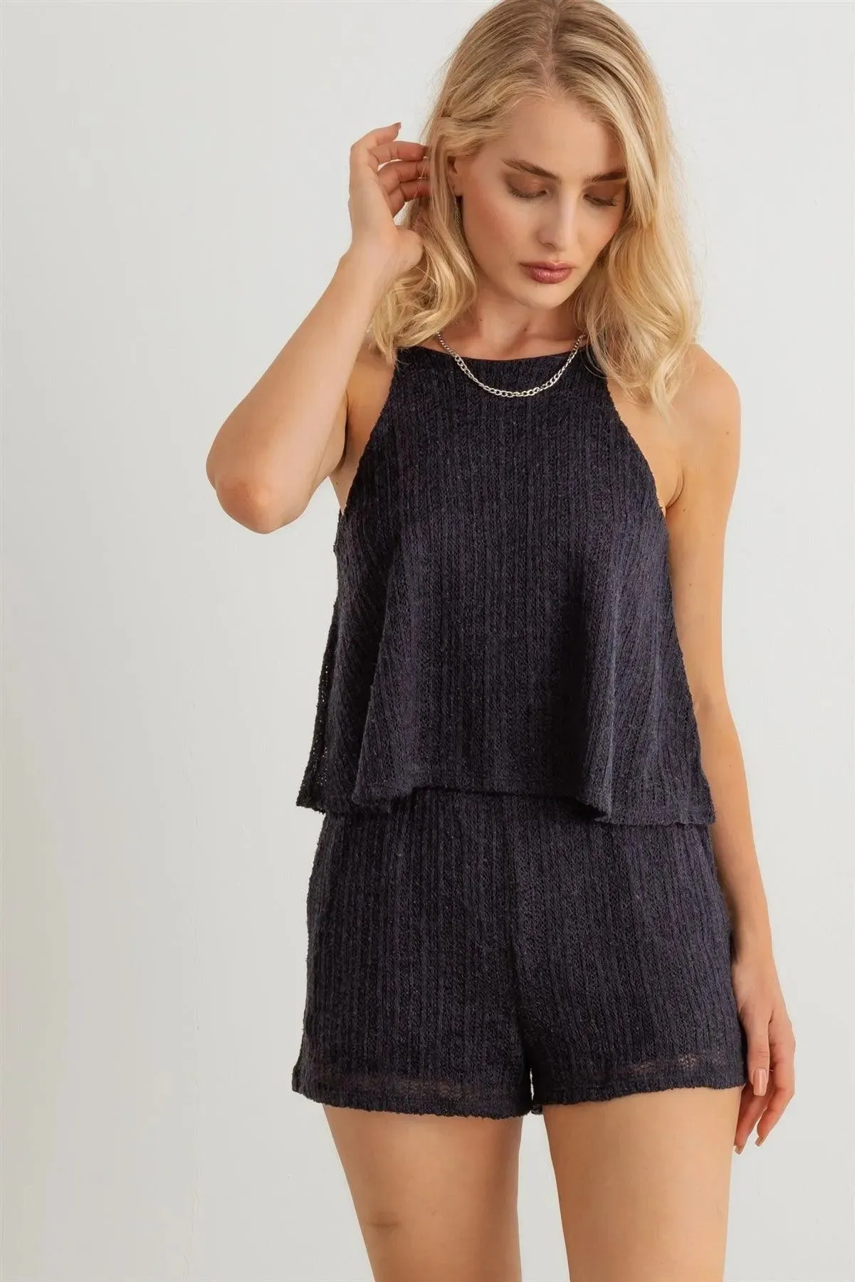 Knit Halter Neck Sleeveless Two Pocket Romper