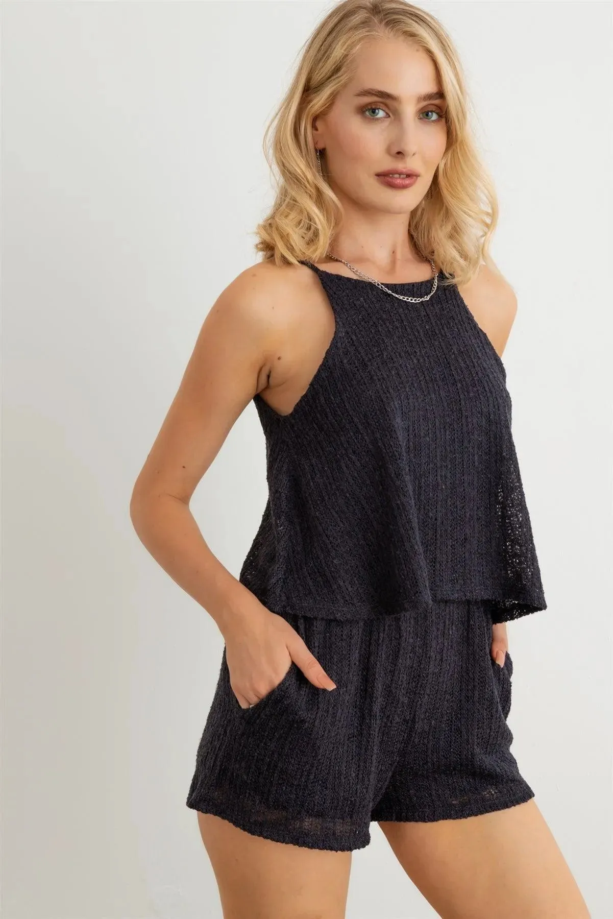 Knit Halter Neck Sleeveless Two Pocket Romper