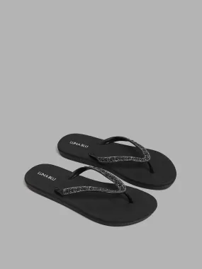 LUNA BLU Pearl Diamante Embellished Black Flip Flop