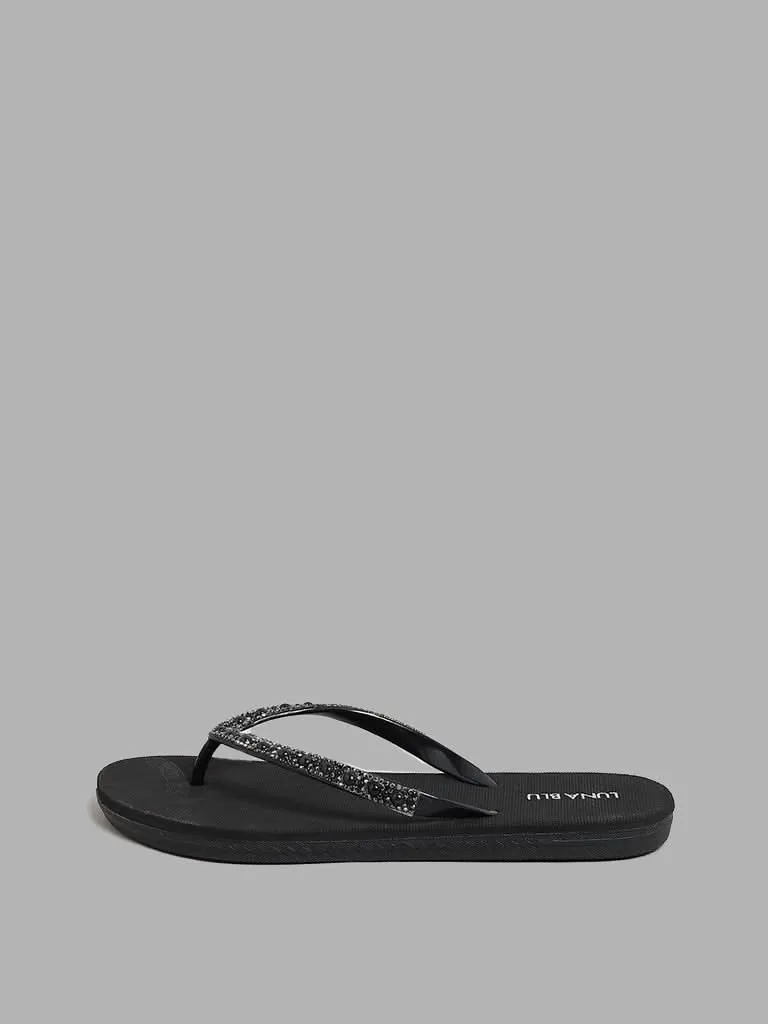 LUNA BLU Pearl Diamante Embellished Black Flip Flop