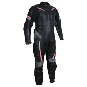 Men Black Motorcycle Leather Suit with Gray and Pink Stripes