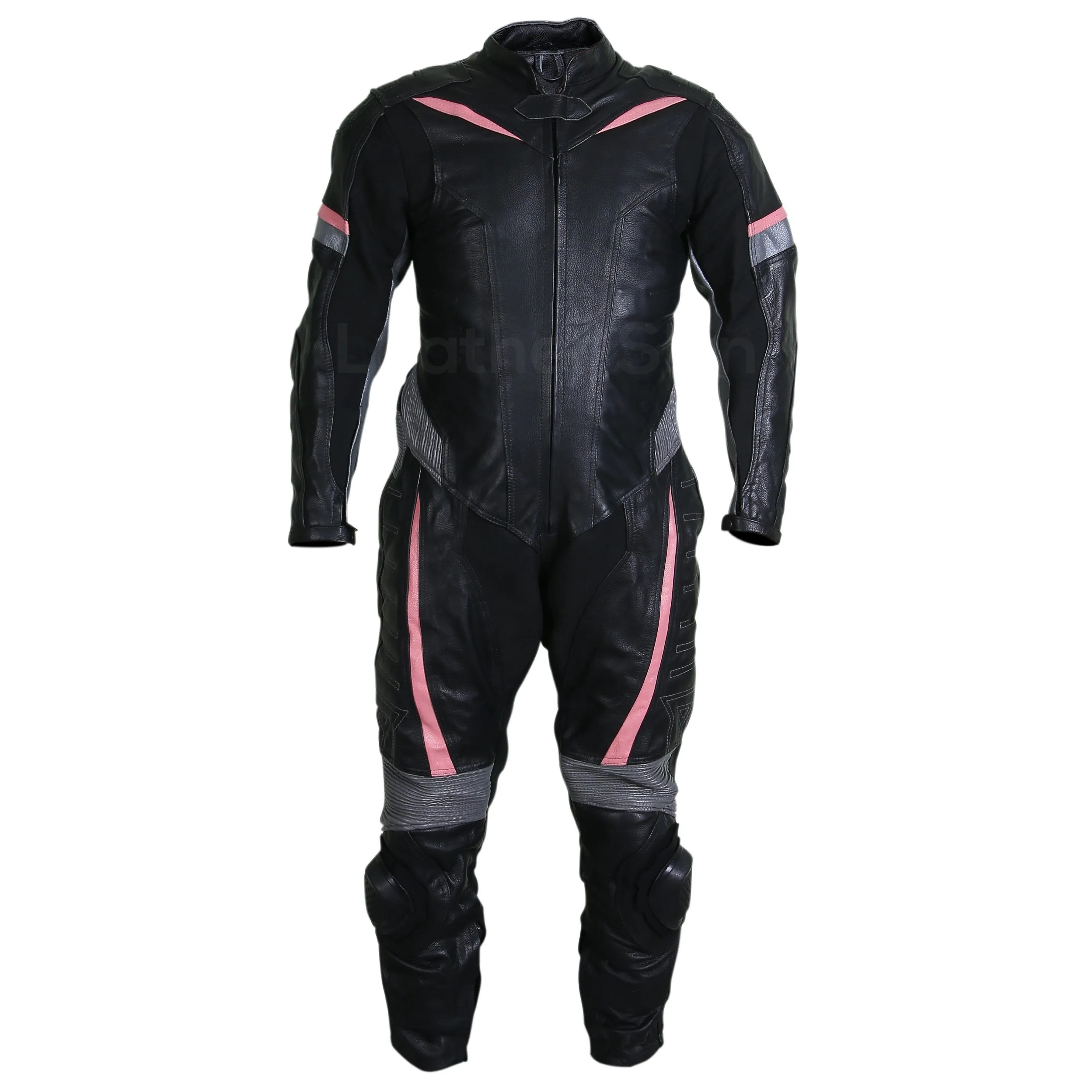 Men Black Motorcycle Leather Suit with Gray and Pink Stripes