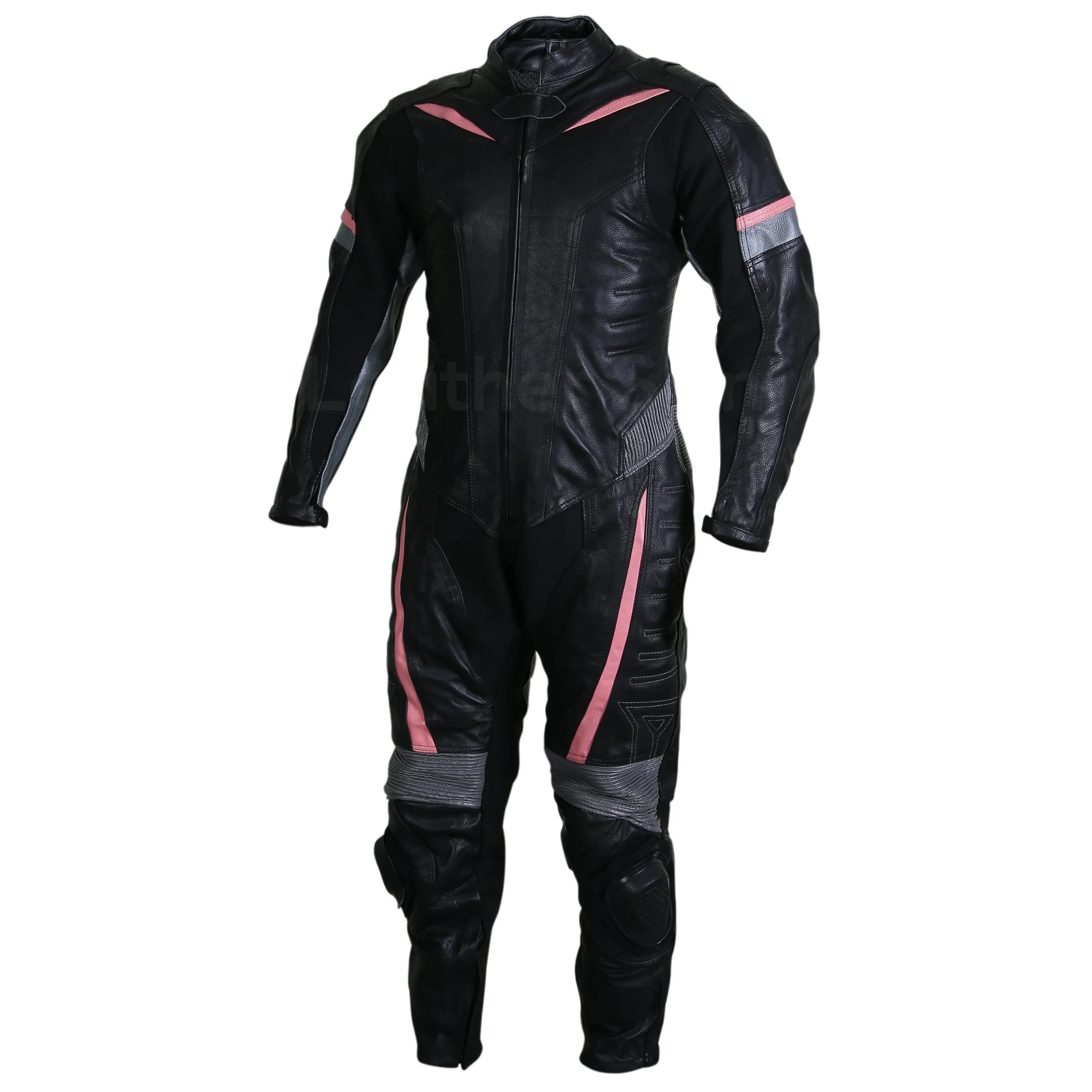 Men Black Motorcycle Leather Suit with Gray and Pink Stripes