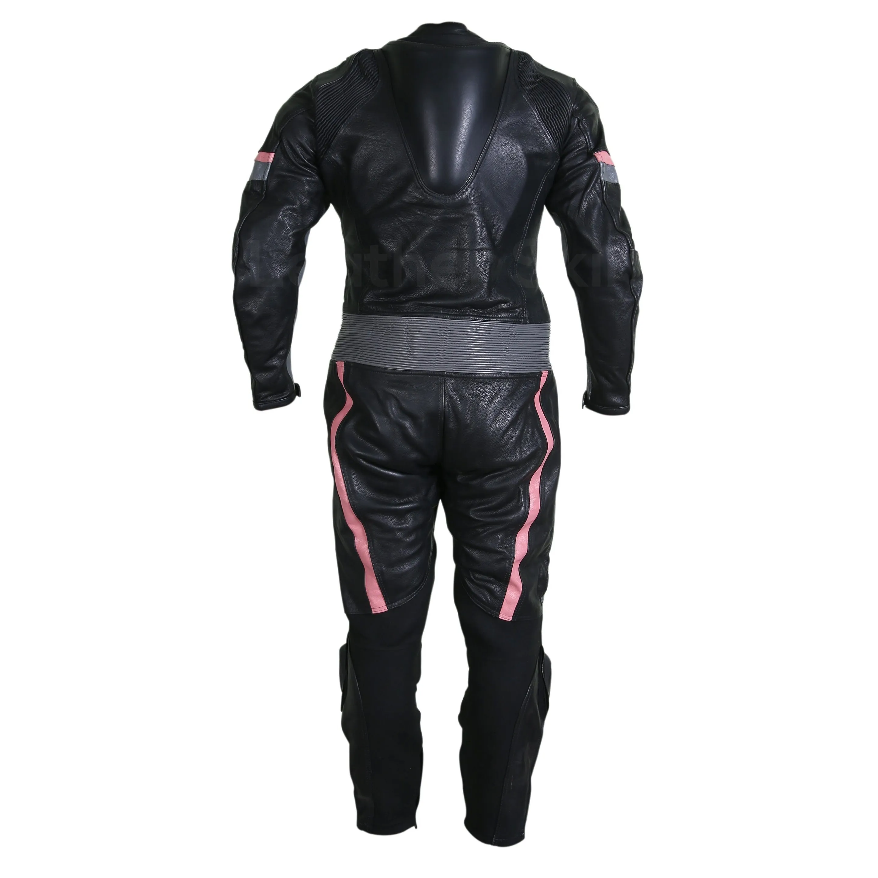 Men Black Motorcycle Leather Suit with Gray and Pink Stripes